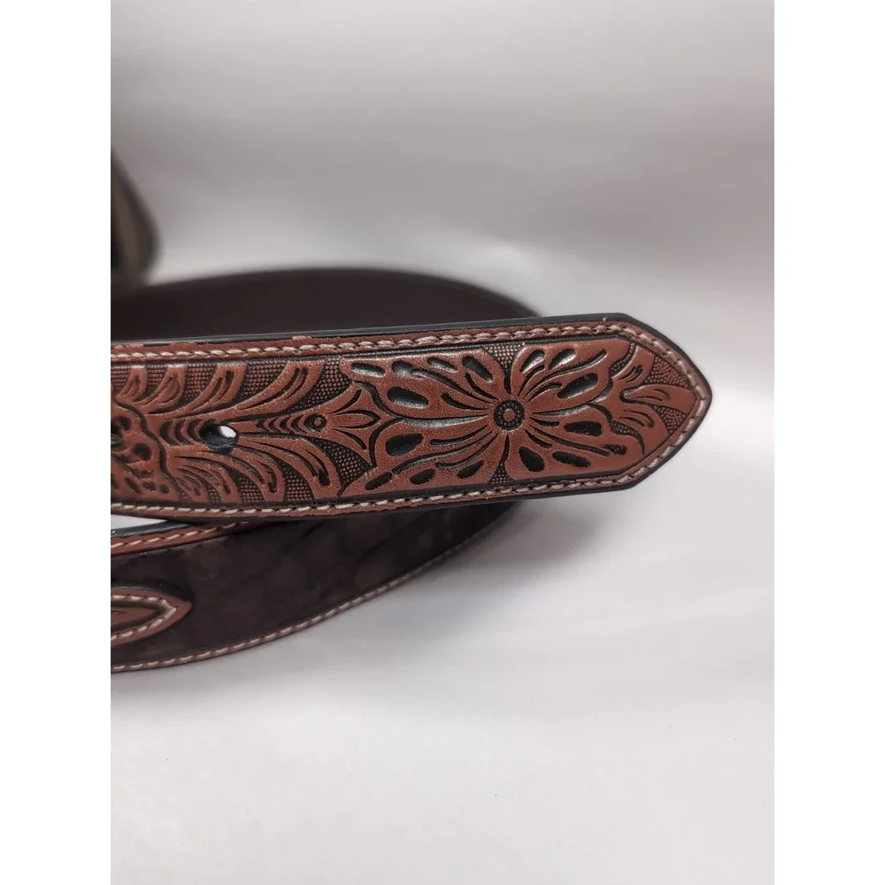 ARIAT Buckle Belt Handcrafted Tooled Leather 34 Cowhide Stitched Cowboy Vintage